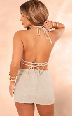 Hot PrettyLittleThing Ruched Halter Crop Top Stone