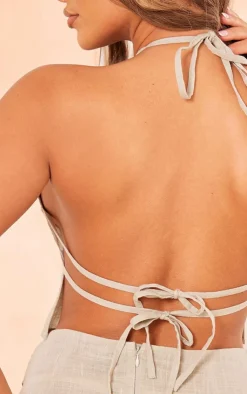 Hot PrettyLittleThing Ruched Halter Crop Top Stone