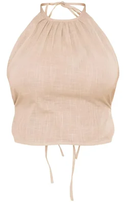 Hot PrettyLittleThing Ruched Halter Crop Top Stone