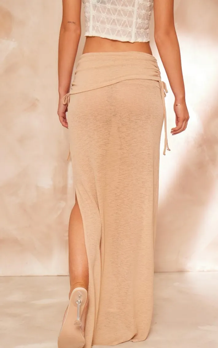 Stone Ruched Side Fold Over Maxi Skirt
