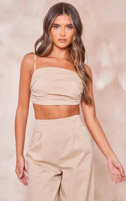 PrettyLittleThing Ruched Tied Strap Crop Top Stone
