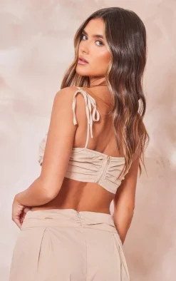 PrettyLittleThing Ruched Tied Strap Crop Top Stone