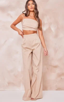 PrettyLittleThing Ruched Tied Strap Crop Top Stone