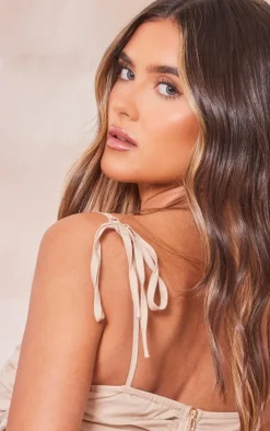 PrettyLittleThing Ruched Tied Strap Crop Top Stone