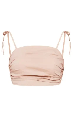 PrettyLittleThing Ruched Tied Strap Crop Top Stone