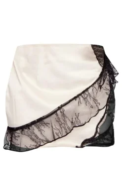 PrettyLittleThing Satin Lace Trim Wrap Detail Mini Skirt Stone