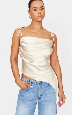 Satin Ruched Asymmetric Strappy Top-PrettyLittleThing