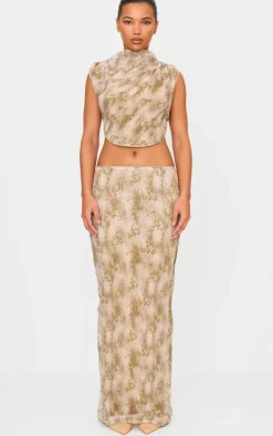 Outlet PrettyLittleThing Sequin Mid Rise Maxi Skirt Stone