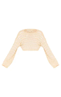New PrettyLittleThing Shell Knit Long Sleeve Crop Top Stone