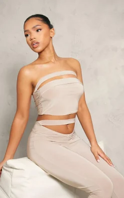 New PrettyLittleThing Slinky Cutout Crop Top Stone