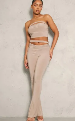 New PrettyLittleThing Slinky Cutout Foldover Skinny Flare Pants Stone