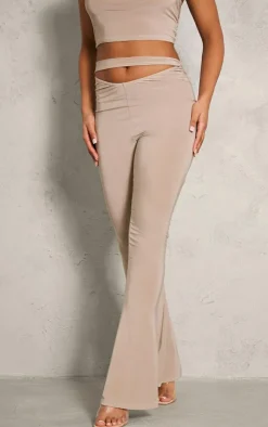 New PrettyLittleThing Slinky Cutout Foldover Skinny Flare Pants Stone