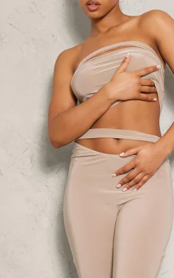 New PrettyLittleThing Slinky Cutout Foldover Skinny Flare Pants Stone