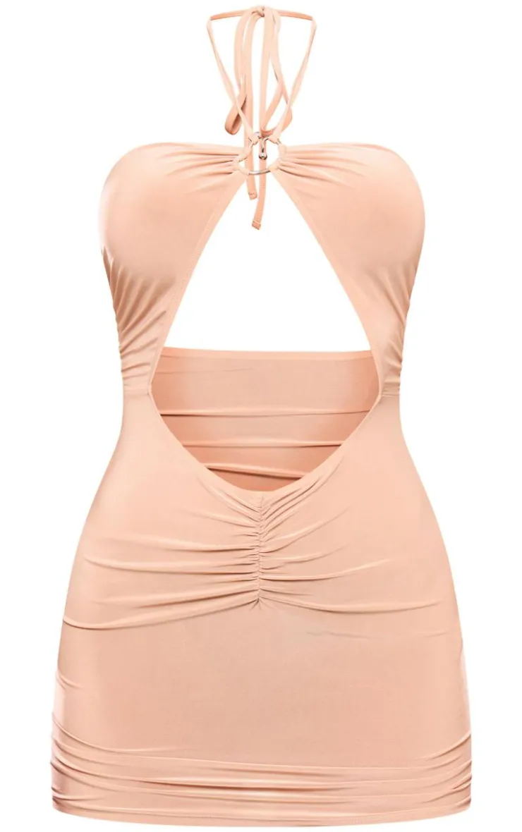 Slinky Ring Detail Halter Neck Mini Dress-PrettyLittleThing Online