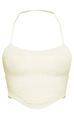 New PrettyLittleThing Soft Knit Pattern Halter Tie Top Stone