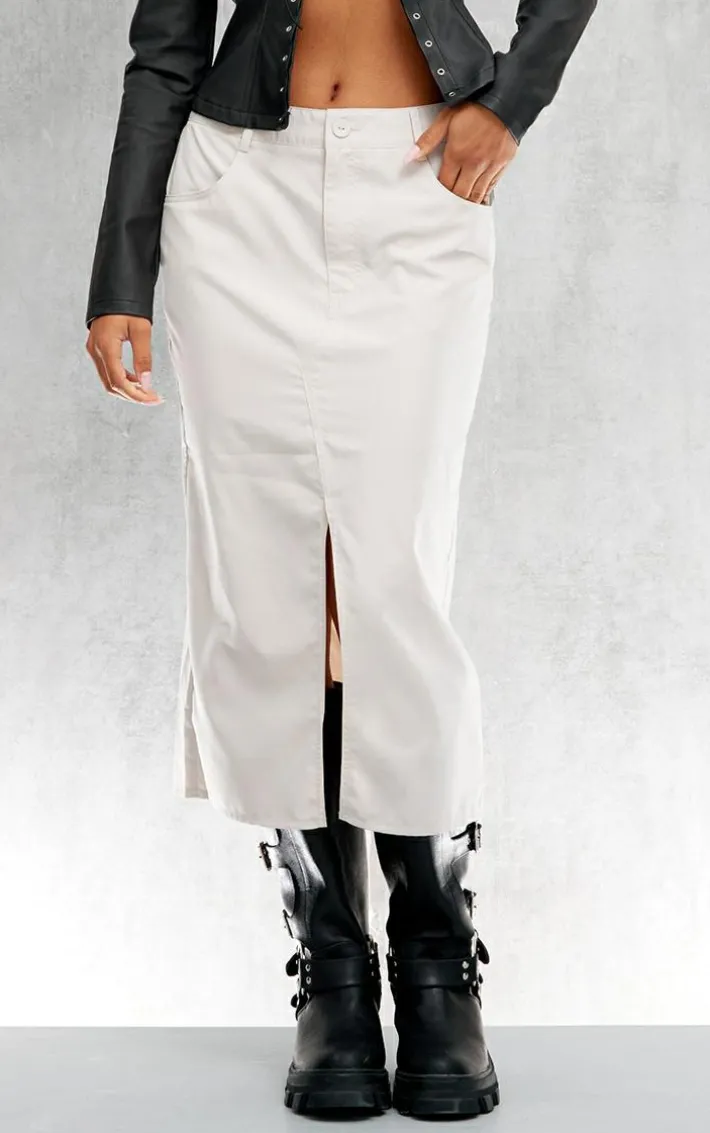Stone Soft Peached Woven Split Front Midi Skirt