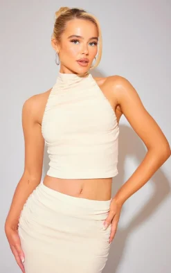 PrettyLittleThing Soft Touch Ruched Halterneck Crop Top Stone