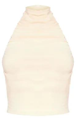 PrettyLittleThing Soft Touch Ruched Halterneck Crop Top Stone