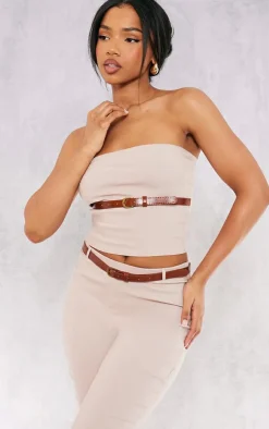 Sale PrettyLittleThing Stretch Woven Belt Detail Bandeau Top Stone