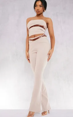 Sale PrettyLittleThing Stretch Woven Belt Detail Bandeau Top Stone