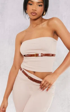 Sale PrettyLittleThing Stretch Woven Belt Detail Bandeau Top Stone