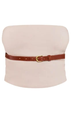 Sale PrettyLittleThing Stretch Woven Belt Detail Bandeau Top Stone