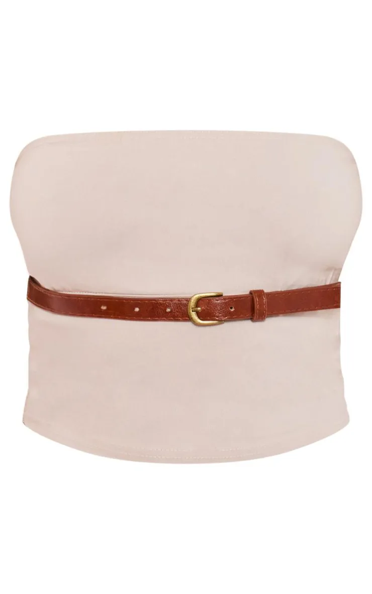 Sale PrettyLittleThing Stretch Woven Belt Detail Bandeau Top Stone