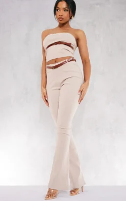 Clearance PrettyLittleThing Stretch Woven Belt Detail Flared Pants Stone