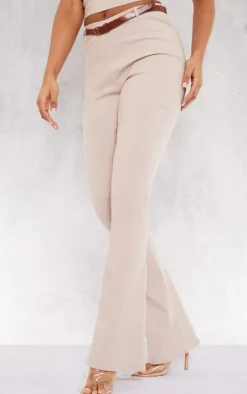 Clearance PrettyLittleThing Stretch Woven Belt Detail Flared Pants Stone