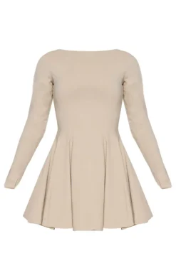 Stretch Woven Boat Neck Long Sleeve Pleated Shift Dress-PrettyLittleThing Sale