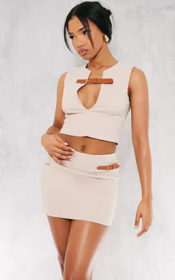 Outlet PrettyLittleThing Stretch Woven Brown Belt Detail Mini Skirt Stone