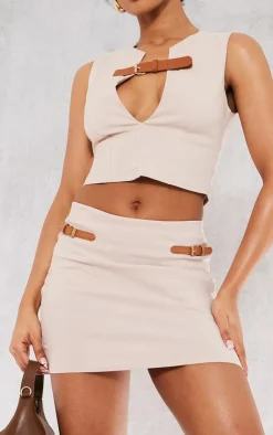 Outlet PrettyLittleThing Stretch Woven Brown Belt Detail Mini Skirt Stone