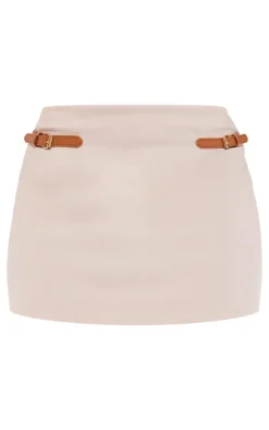 Outlet PrettyLittleThing Stretch Woven Brown Belt Detail Mini Skirt Stone