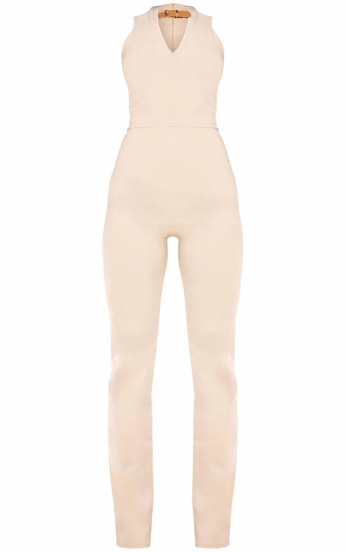 Stone Stretch Woven Buckle Detail Key Hole Jumpsuit