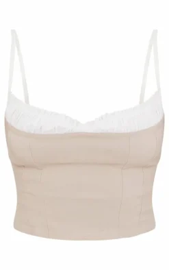 Sale PrettyLittleThing Stretch Woven Contrast Bow Detail Top Stone