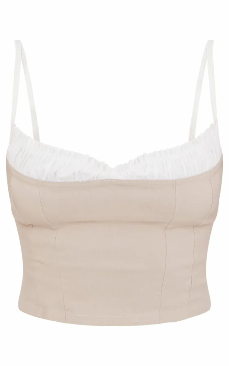 Sale PrettyLittleThing Stretch Woven Contrast Bow Detail Top Stone
