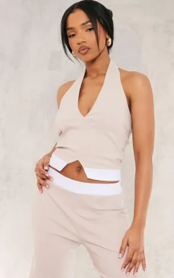 Best PrettyLittleThing Stretch Woven Contrast Plunge Halter Neck Crop Top Stone