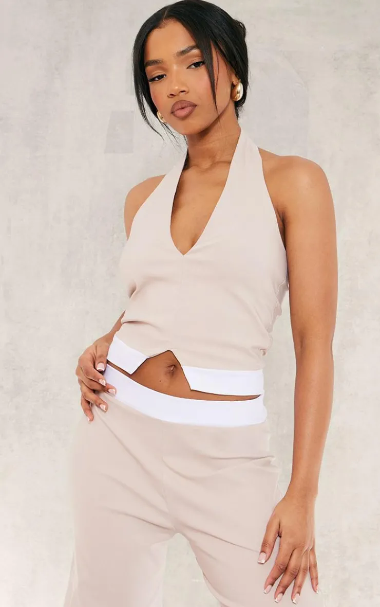 Best PrettyLittleThing Stretch Woven Contrast Plunge Halter Neck Crop Top Stone