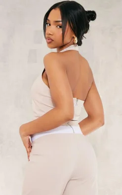 Best PrettyLittleThing Stretch Woven Contrast Plunge Halter Neck Crop Top Stone