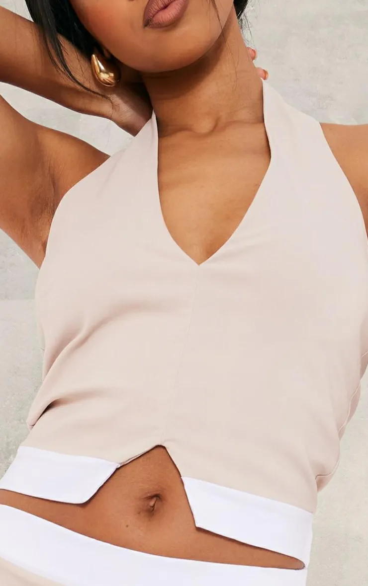Best PrettyLittleThing Stretch Woven Contrast Plunge Halter Neck Crop Top Stone