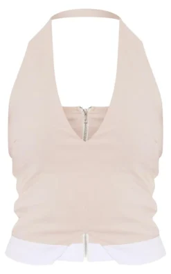 Best PrettyLittleThing Stretch Woven Contrast Plunge Halter Neck Crop Top Stone