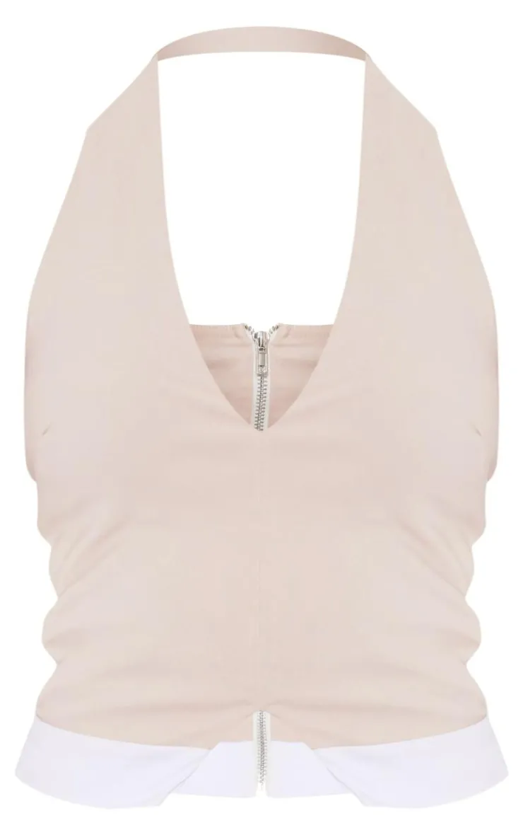 Best PrettyLittleThing Stretch Woven Contrast Plunge Halter Neck Crop Top Stone