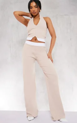 Outlet PrettyLittleThing Stretch Woven Contrast Wide Leg Pants Stone