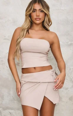 New PrettyLittleThing Stretch Woven Foldover Tie Mini Skirt Stone