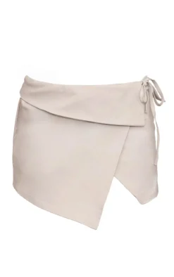 New PrettyLittleThing Stretch Woven Foldover Tie Mini Skirt Stone