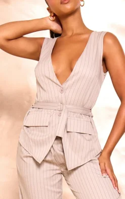 Stone Stripe Woven Vest Tailored Wide Leg Jumpsuit