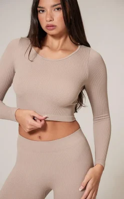 Sale PrettyLittleThing Structured Snatched Ribbed Round Neck Long Sleeve Crop Top Stone