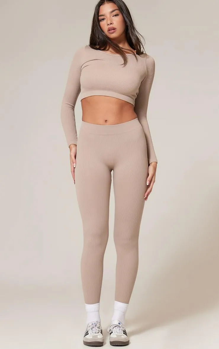 Sale PrettyLittleThing Structured Snatched Ribbed Round Neck Long Sleeve Crop Top Stone