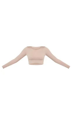 Sale PrettyLittleThing Structured Snatched Ribbed Round Neck Long Sleeve Crop Top Stone