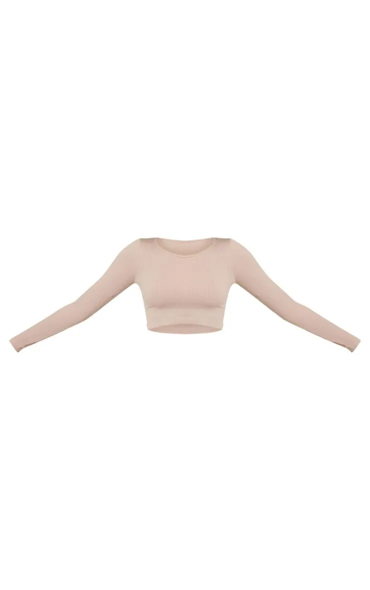Sale PrettyLittleThing Structured Snatched Ribbed Round Neck Long Sleeve Crop Top Stone